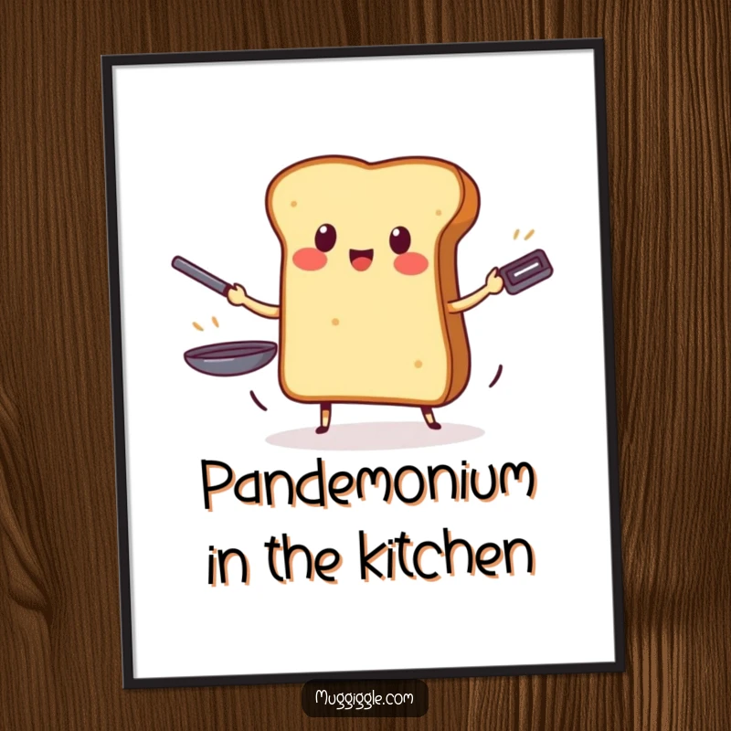 Funny Free Printable Wall Art: Brave toast character hilariously juggling three frying pans, a masterpiece of breakfast chaos.