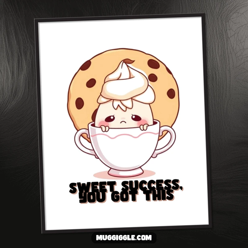 Funny Free Printable Wall Art: A nervous teacup peeking from behind a giant cookie, creating a charming scene.