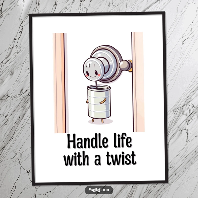 Funny Free Printable Wall Art: A sentient doorknob strains to open a tiny, impossible tin can. Absurd and funny art.