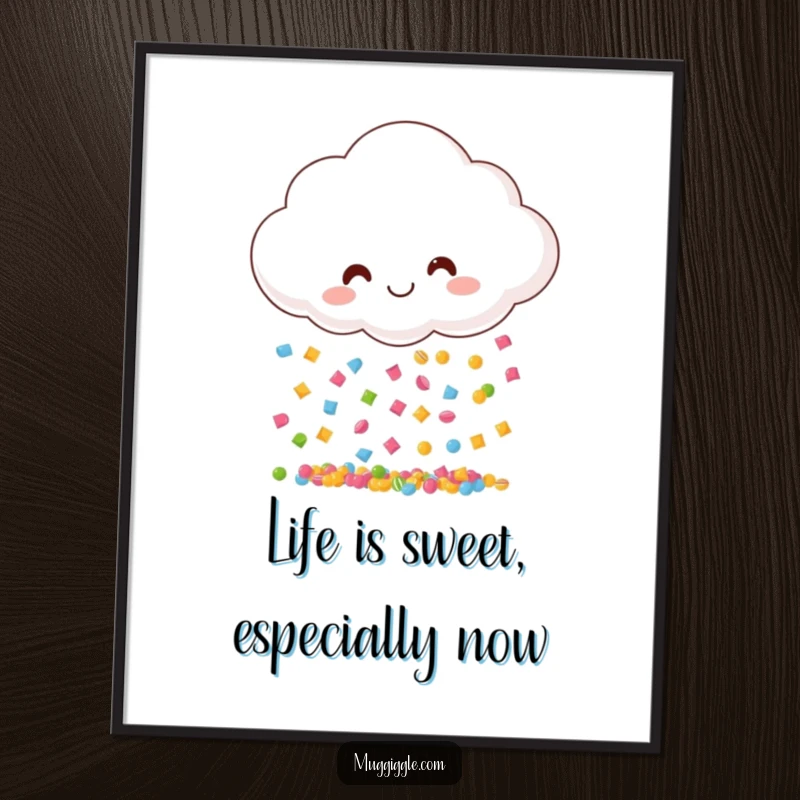 Funny Free Printable wall art of a smiling cloud raining tiny, multicolored candy pieces, a cheerful and vibrant decoration.