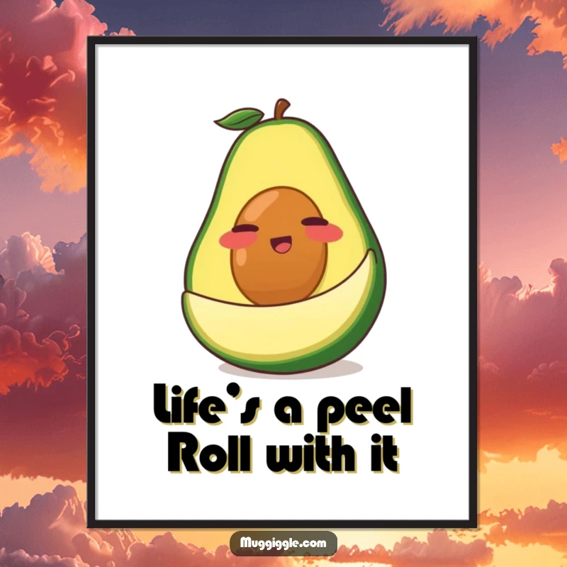Funny Free Printable Wall Art: Clumsy avocado character comically slipping on its own peel, vibrant colors, cartoon.