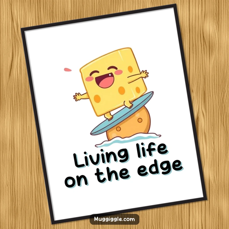 Funny Free Printable Wall Art of a laughing piece of cheese character attempting to surf on a cracker, a humorous and unique piece.