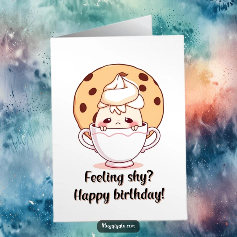 Funny Free Printable Birthday Card: A nervous teacup peeking from behind a giant cookie, wishing a happy birthday.