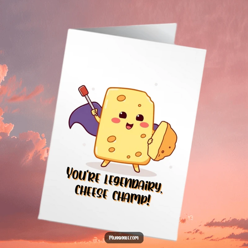 Funny Free Printable Birthday Card: Caped cheese hero battles a rogue crumb with a toothpick, ready to save the day.