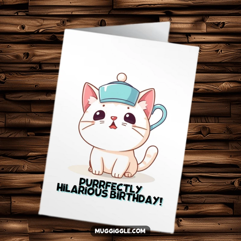 Funny Free Printable Birthday Card: a surprised cat accidentally wears a teacup as a hat, downloadable for a funny occasion.