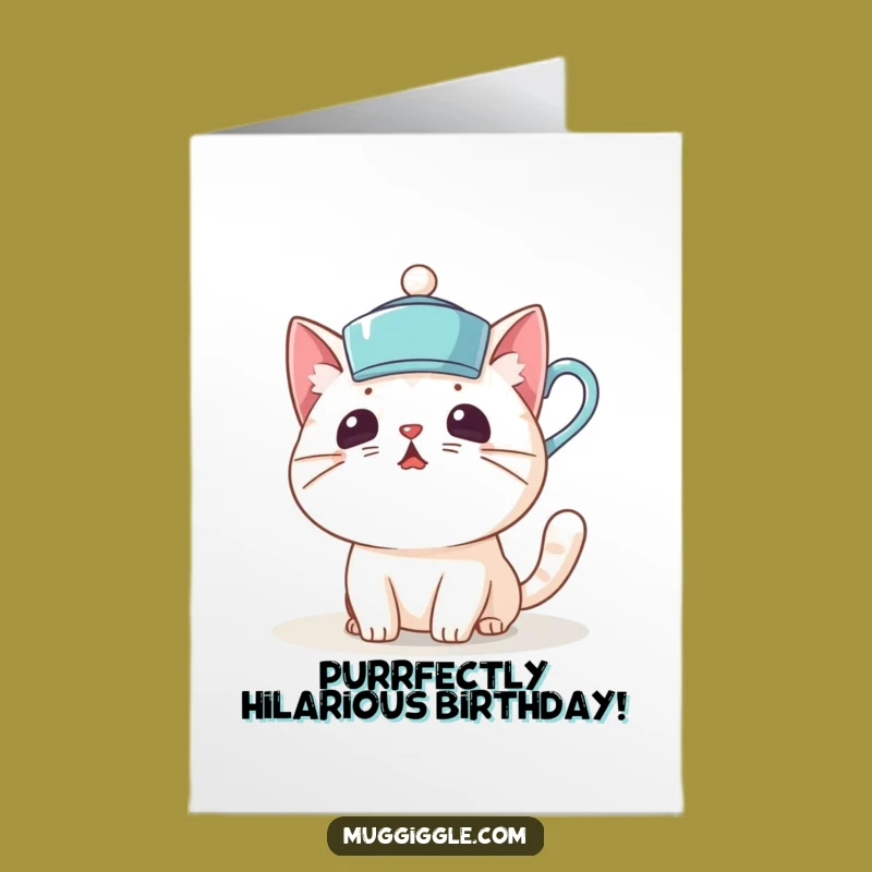 Free Printable Birthday Card: Funny Cat Teacup Hat Surprise Downloadable