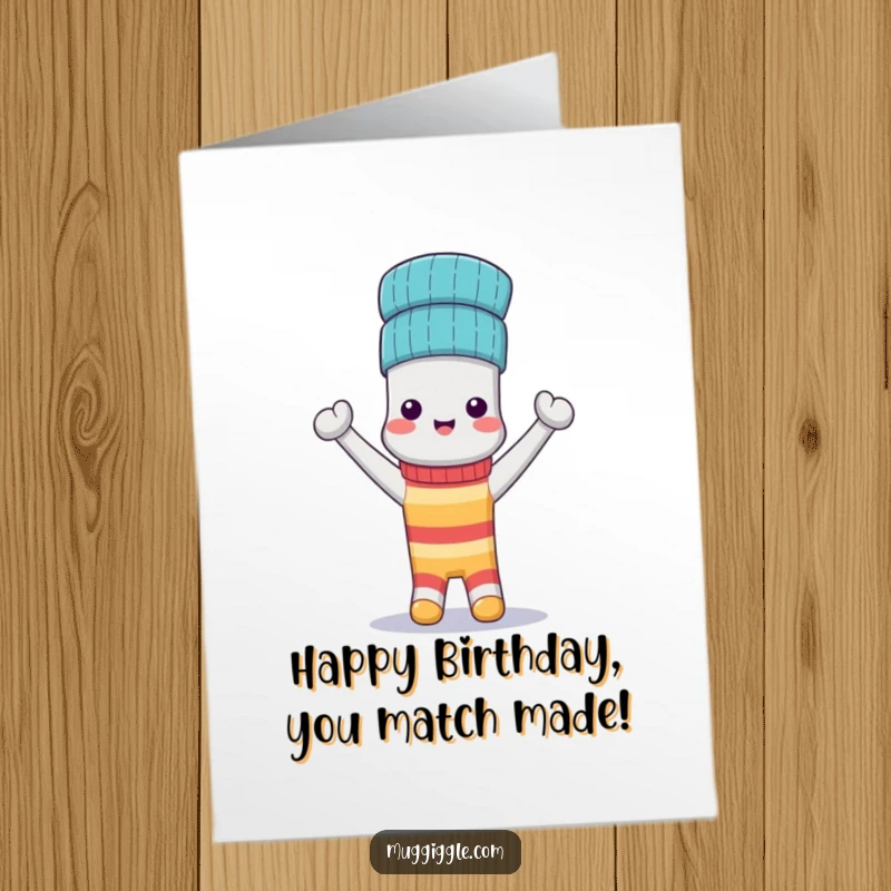 Funny Free Printable Birthday Card: One anthropomorphic sock wears another sock as a triumphant hat, celebrating a birthday.