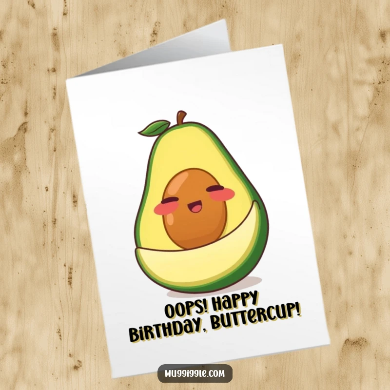 Funny Free Printable Birthday Card: Clumsy avocado slipping on its peel, cartoon style, for a laugh.