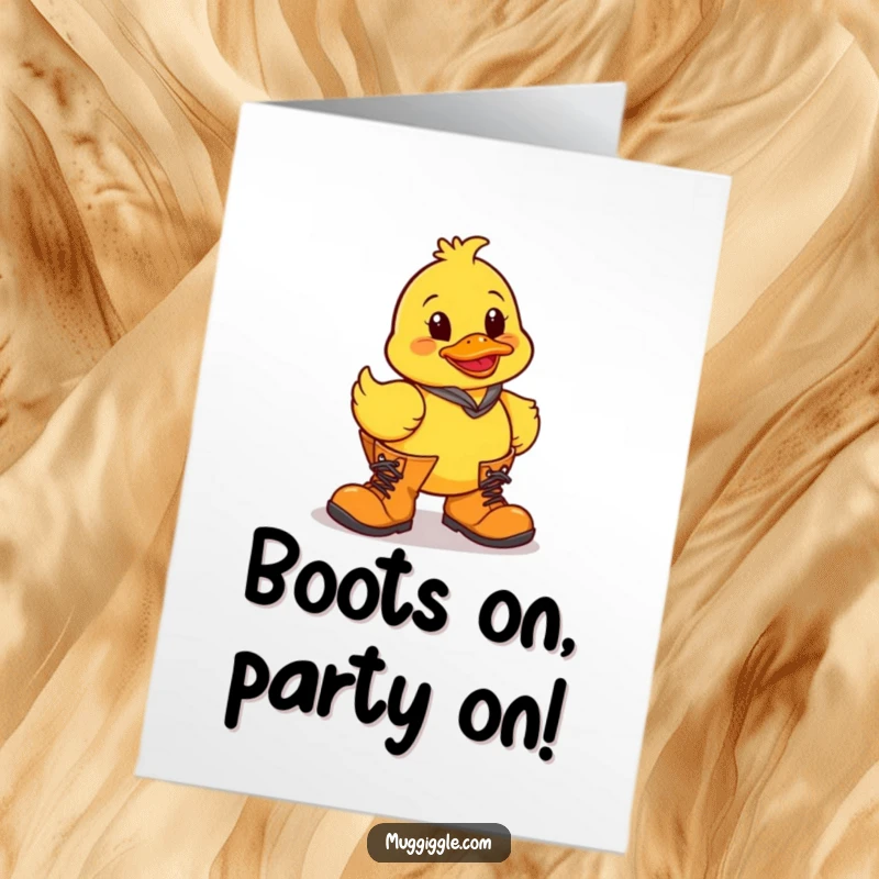 Funny Free Printable Birthday Card featuring a clumsy rubber duck tripping in oversized boots, ready to deliver birthday cheer.