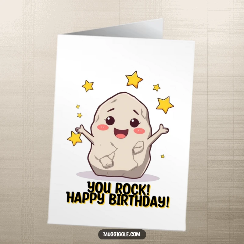 Funny Free Printable Birthday Card: A smiling rock character gleefully juggling bright little stars, celebrating a birthday.