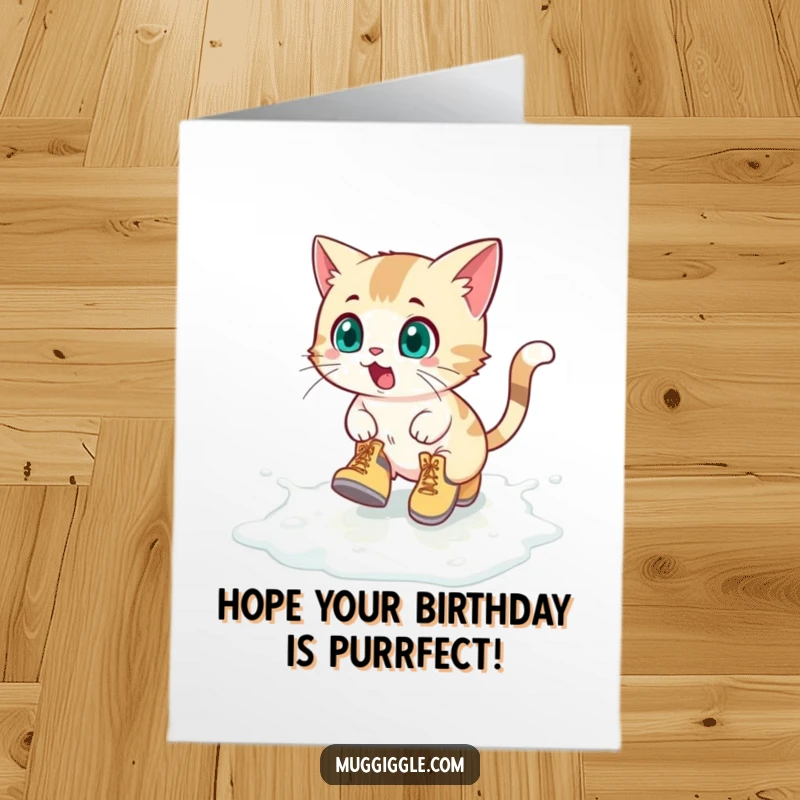 Funny Free Printable Birthday Card: A surprised cat in tiny boots slides on spilled milk, a comical DIY surprise.