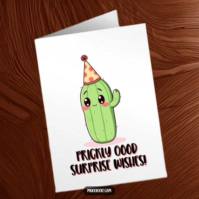 Funny Free Printable Birthday Card featuring a cactus in a party hat looking hilariously surprised, ready for a festive occasion.