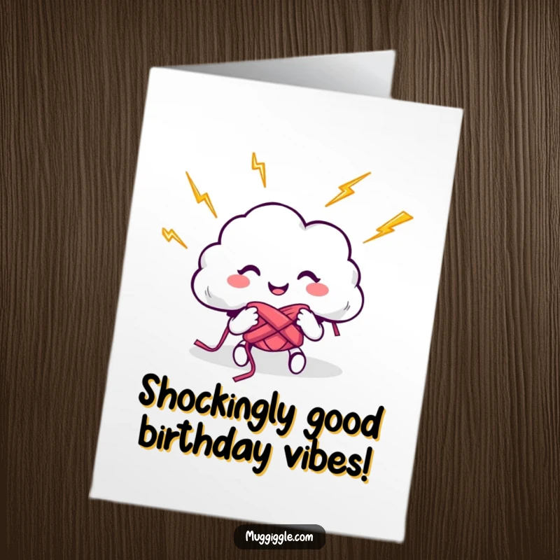 Funny Free Printable Birthday Card: Happy cloud character hilariously attempts knitting with crackling lightning bolts, perfect for a unique greeting.
