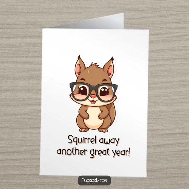 Funny Free Printable birthday card featuring a mischievous squirrel trying to put on oversized glasses, a whimsical and humorous design.