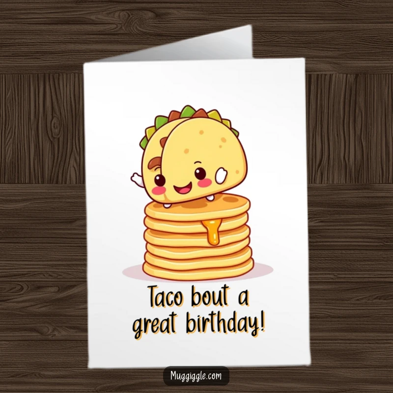 Funny Free Printable Birthday Card: A cheerful taco balances precariously on pancakes, a hilarious celebration.