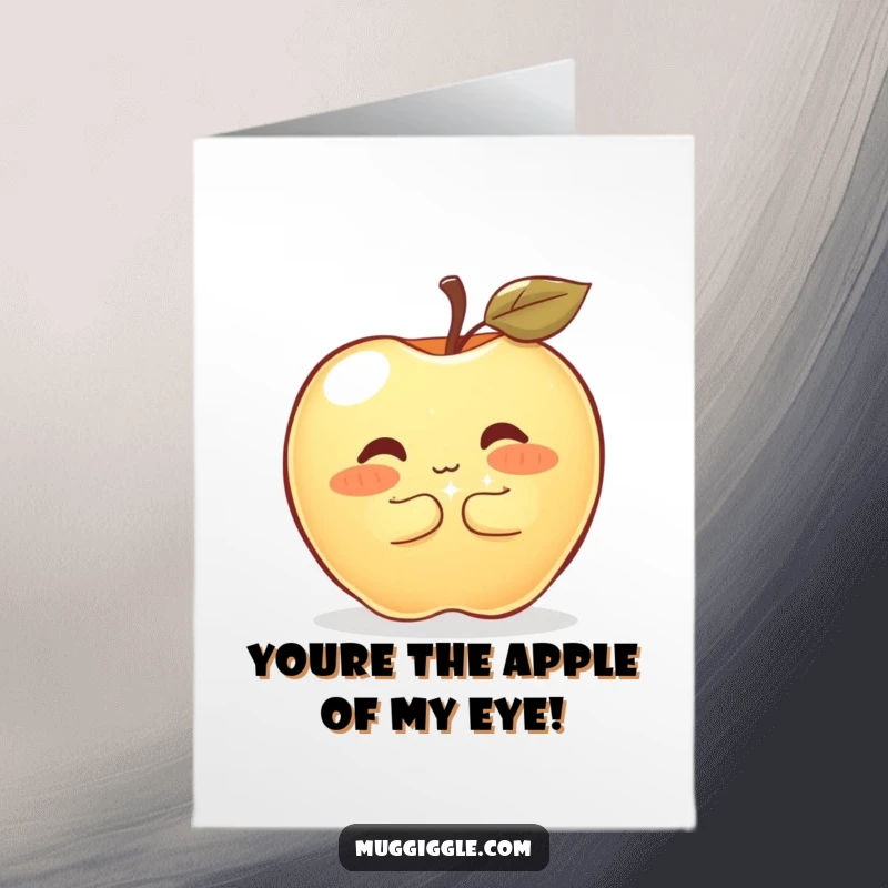 Funny Free Printable Birthday Card: Shy apple blushing and hugging a large, sparkly button.
