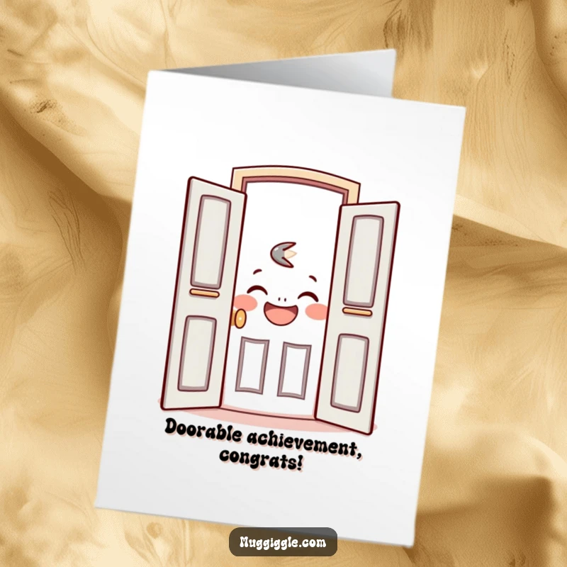 Funny Free Printable Congrats Card: A friendly door opening wide to reveal a laughing face, celebrating success.