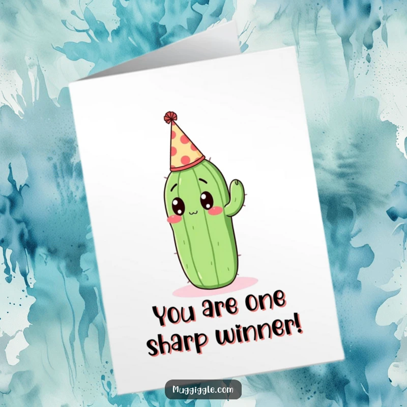 Funny Free Printable Congratulations Card showing a cactus wearing a party hat, expressing delightful surprise at a big win.