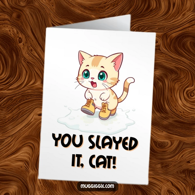 Funny Free Printable Congratulations Card showing a cat in boots slipping on milk, a humorous celebration.