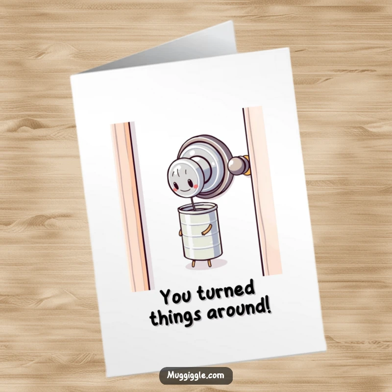 Funny Free Printable Congratulations Card: A determined doorknob battles a small, unyielding tin can. Celebrate overcoming obstacles!