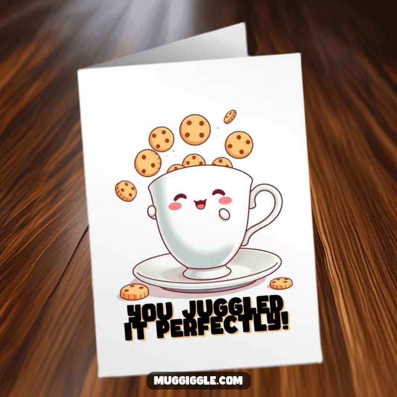 Funny Free Printable Congratulations Card: A small teacup character joyfully juggles cookies, a symbol of sweet victory.