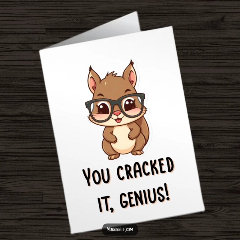 Funny Free Printable congratulations card showing a squirrel attempting to wear large glasses, celebrating cleverness and achievement.