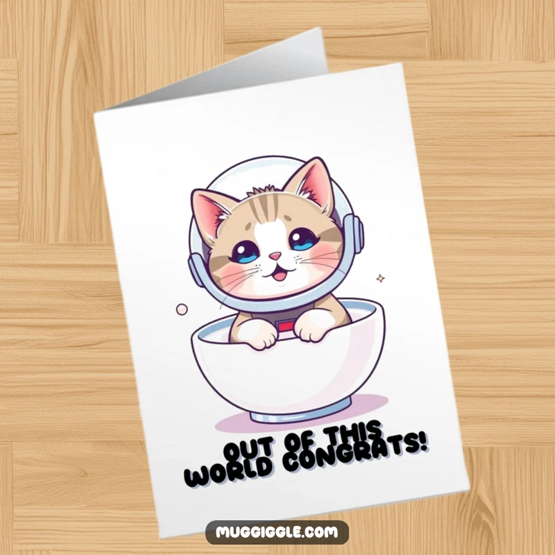 Funny Free Printable congratulations card featuring a cat astronaut floating in milk, celebrating a cosmic achievement.