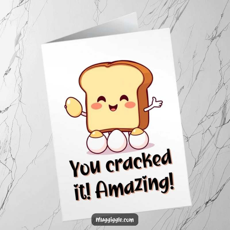 Funny free printable congratulations card showing a toast character expertly juggling eggs, celebrating a big win.
