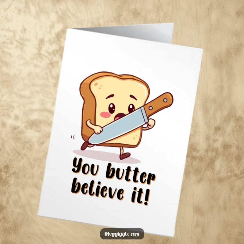 Funny Free Printable Congratulations Card: Startled toast character comically evading a playful butter knife, celebrating a narrow escape and success.