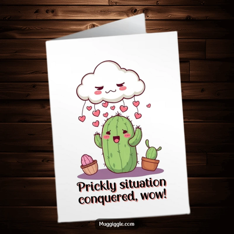Funny Free Printable Congrats Card: Grumpy cloud raining tiny hearts onto a smiling cactus, a sweet celebration.
