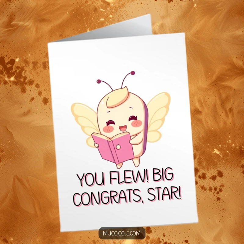 Funny Free Printable Congratulations Card: Book character flying with butterfly wings, celebrating success with humor, downloadable art.