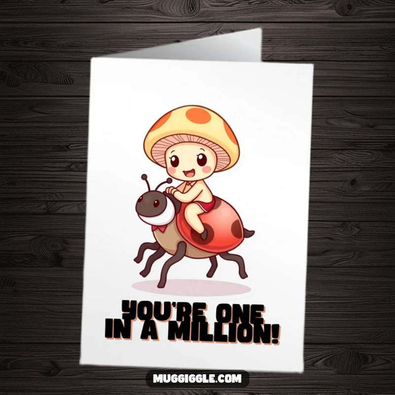 Funny Free Printable Congrats Card: Delighted mushroom character adventuring on a ladybug, cartoon style, full of glee.