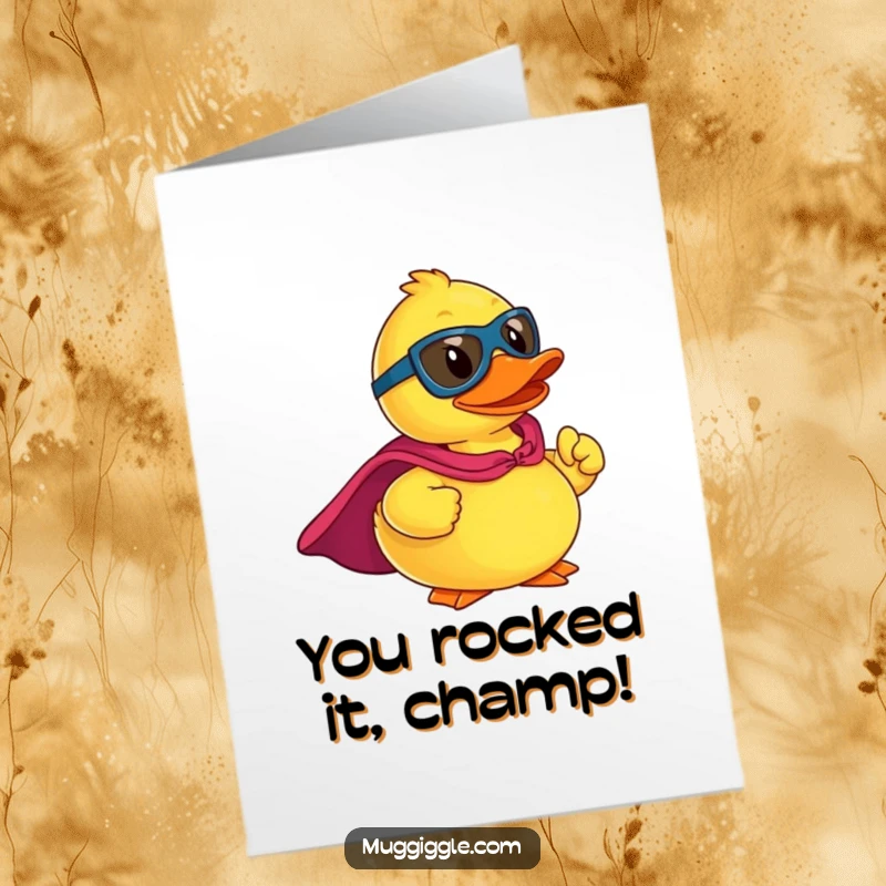 Funny Free Printable Congratulations Card: Rubber ducky hero cape spread wide, celebrating victory with a triumphant pose, making it a hilarious gift.