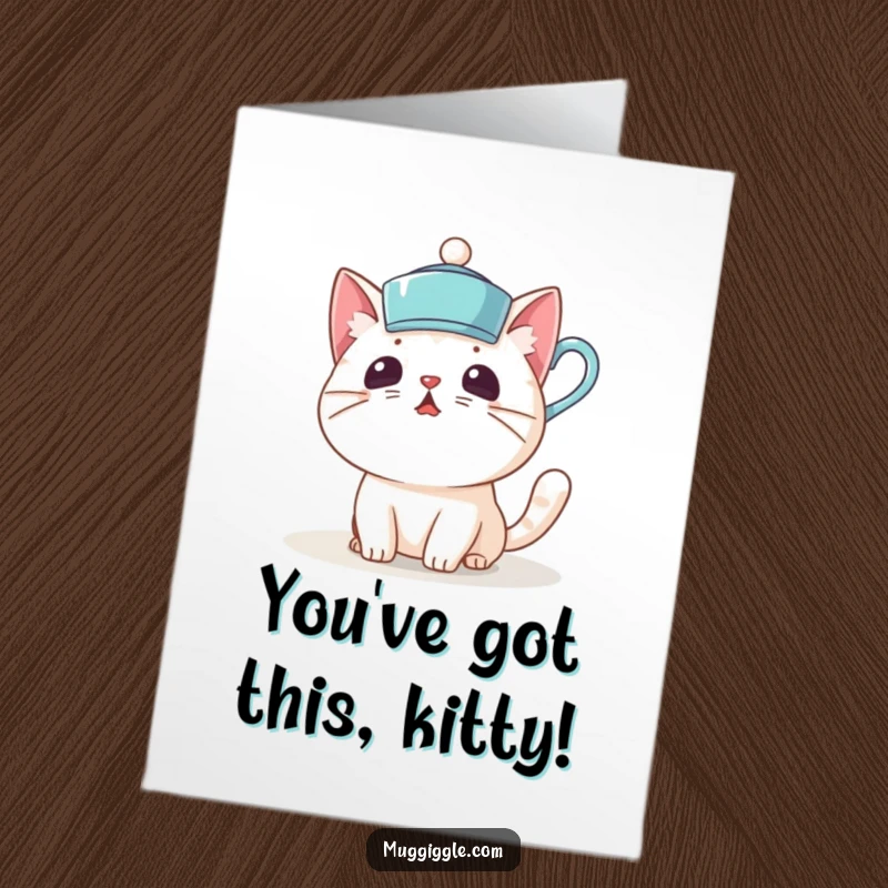 Funny Free Printable Congratulations Card: a surprised cat wearing a teacup hat, celebrating success with downloadable, humorous art.