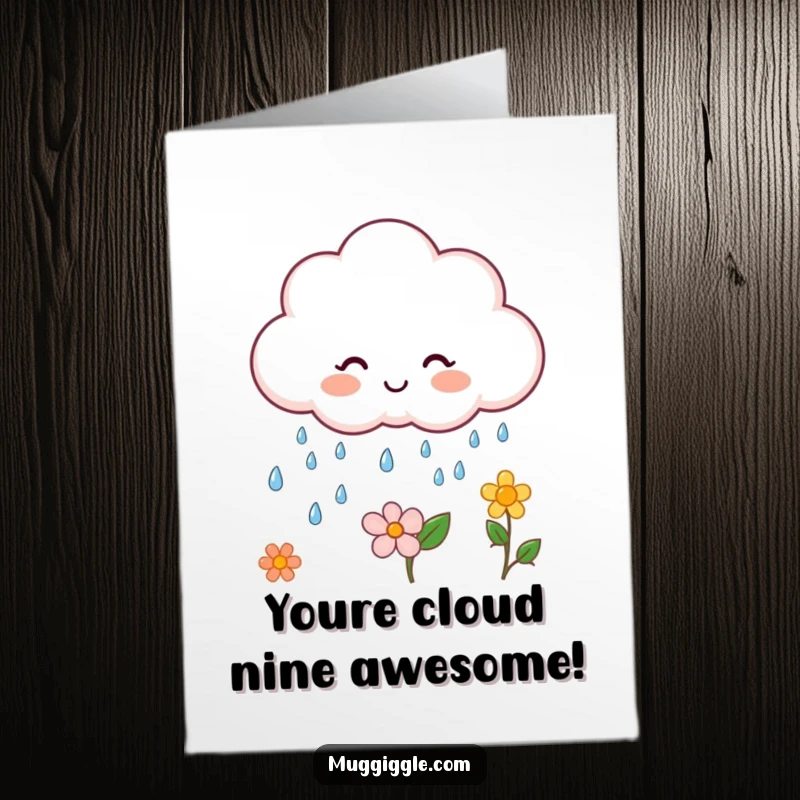 Free Printable Congratulations Card: A happy cloud showers a flourishing flower with joyful raindrops, celebrating achievement.