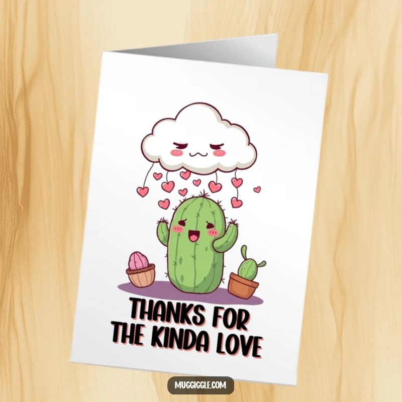 Funny Free Printable Thank You Card: Grumpy cloud raining tiny hearts onto a smiling cactus, expressing sweet thanks.