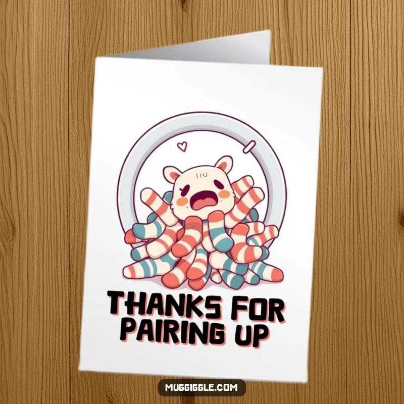 Funny Free Printable Thank You Card: Confused socks trying to escape a laundry basket portal, showing thanks humorously.