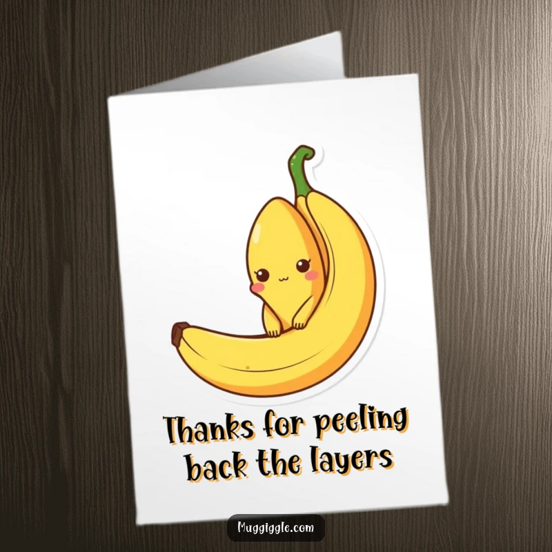 Funny Free Printable Thank You Card: A curious banana character peeking out from an empty banana peel, showing thanks.
