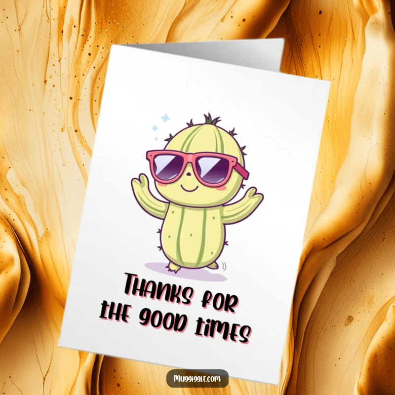 Funny Free Printable Thank You Card: Cute cactus character in oversized sunglasses dancing energetically, showing stylish appreciation and gratitude.