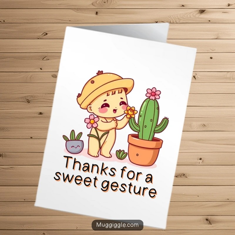 Funny Free Printable Thank You Card: shy taco offers a flower to a cactus, expressing thanks with downloadable, humour.