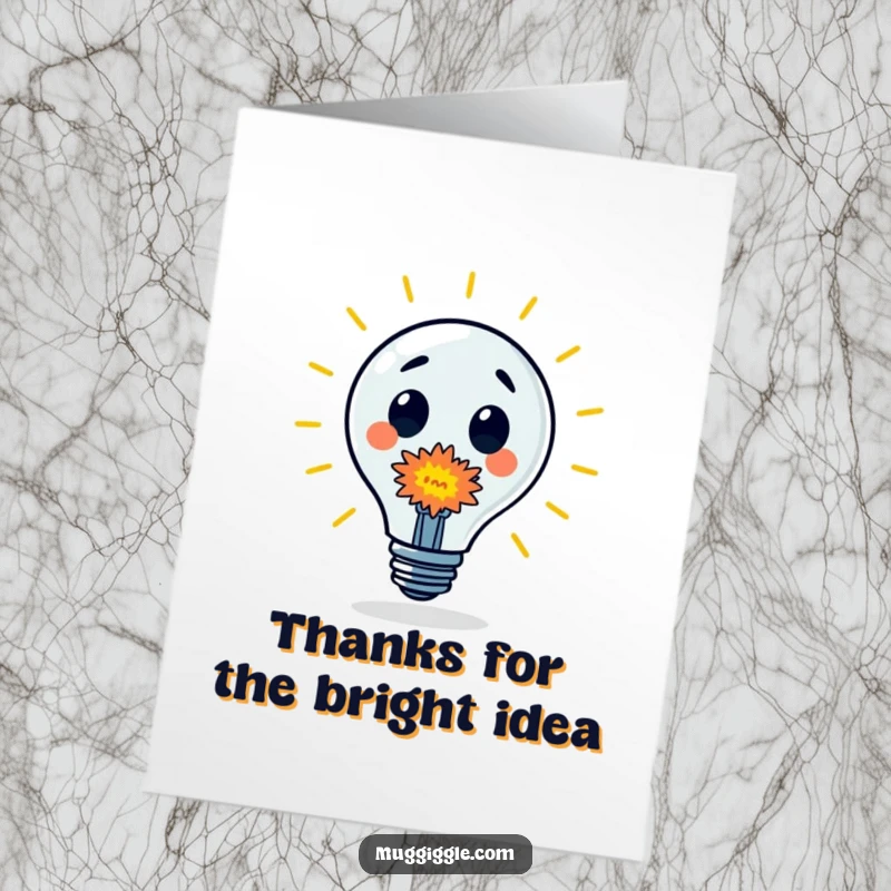 Funny Free Printable Thank You Card: Surprised lightbulb character with a small, vibrant explosion, thanking them brilliantly.