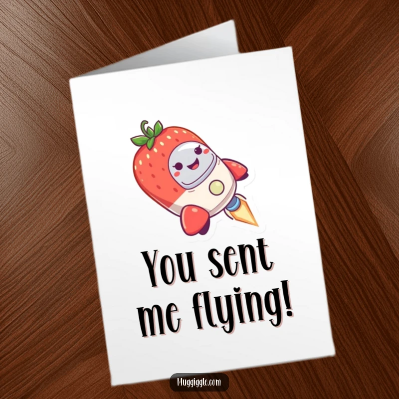 Funny Free Printable Thank You Card, smiling strawberry piloting a wobbly rocket ship, mid-air, expressing thanks creatively.