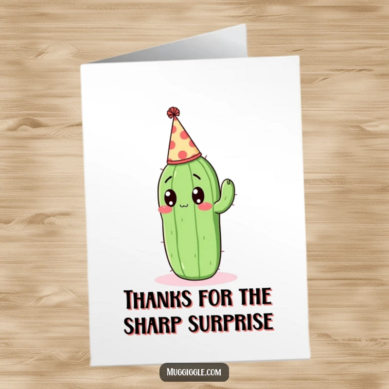 Funny Free Printable Thank You Card with a cactus in a party hat looking surprised, conveying unexpected appreciation.