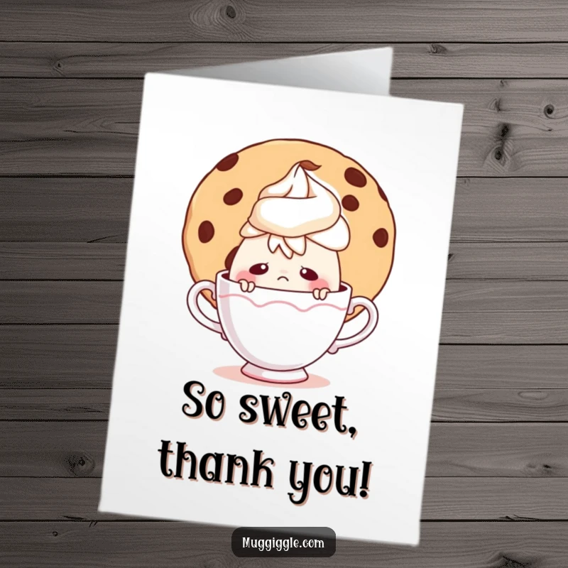 Funny Free Printable Thank You Card: A nervous teacup peeking from behind a giant cookie, expressing gratitude.