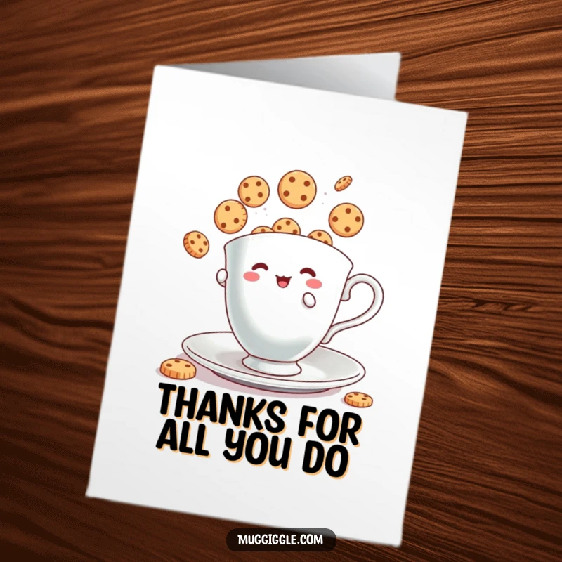 Funny Free Printable Thank You Card: A teacup character juggles cookies with a happy expression, a delightful thank you.