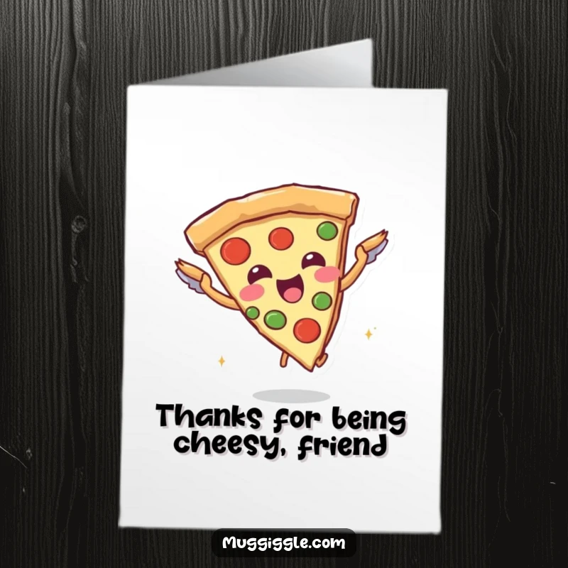 Funny Free Printable Thank You Card: A pizza slice character with breadstick wings attempting to fly, sending thanks.