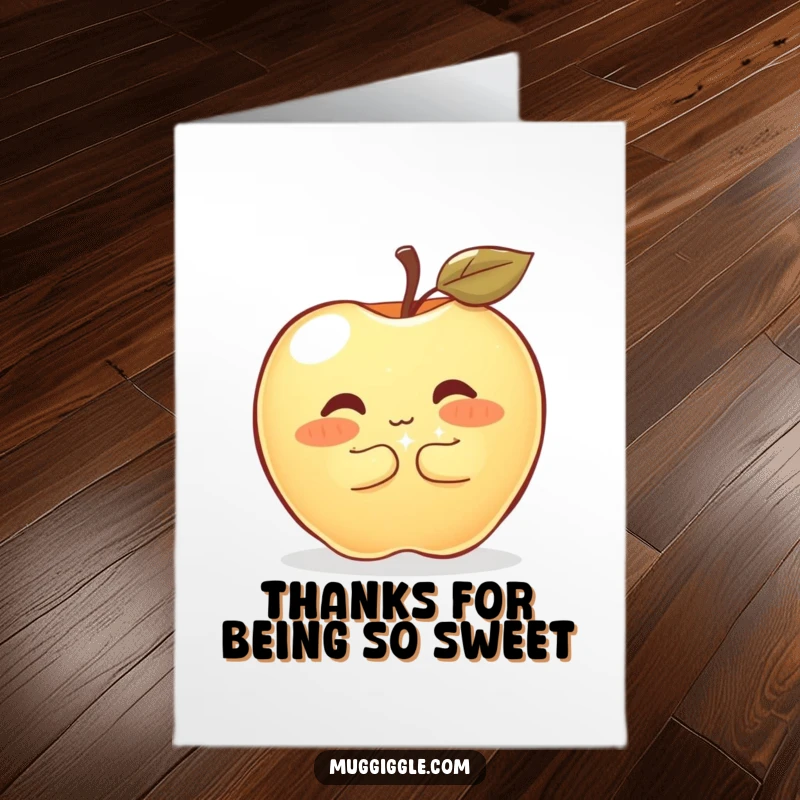 Funny Free Printable Thank You Card: Apple hugging a large sparkly button, expressing deep gratitude.