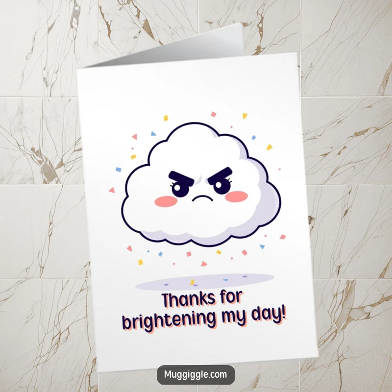 Funny Free Printable Thank You Card: A grumpy cloud rains confetti, humorously conveying thanks with a delightfully unimpressed, yet festive, air.