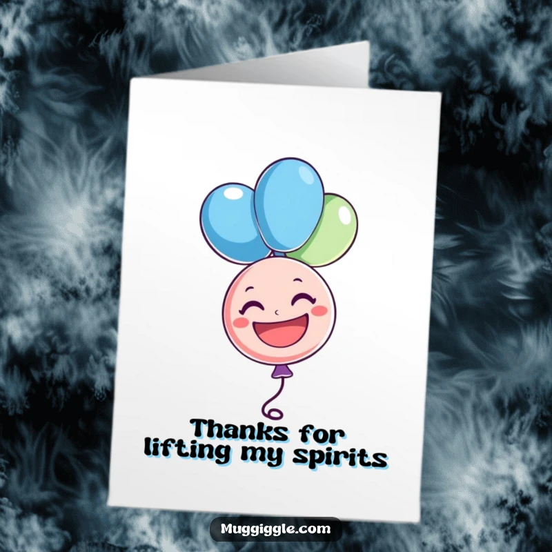 Funny Free Printable thank you card featuring a cheerful balloon character floating upside down, sending happy thanks, easy print at home.