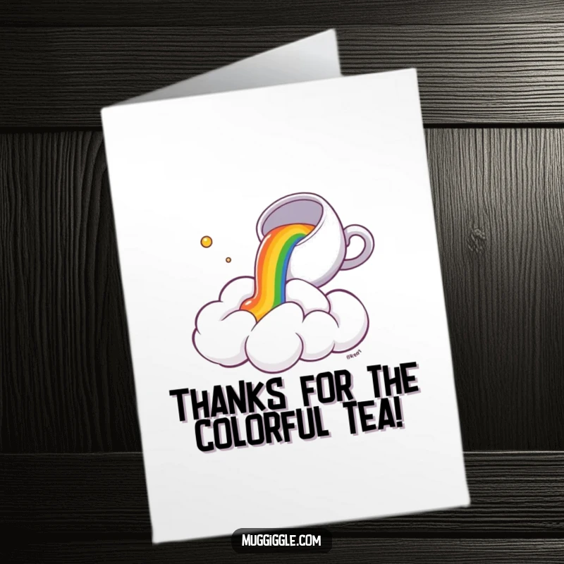 Funny Free Printable Thank You Card: Cloud reacts in surprise as a tiny teacup spills rainbow tea.